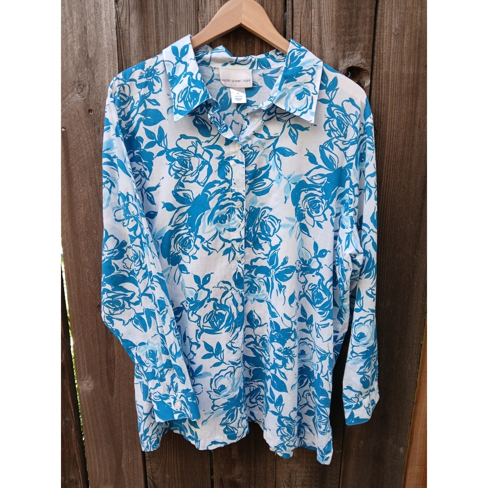 Susan Graver Style Turquoise Floral‎ Button  Shirt Womens 1XL Hawaiian Vibes